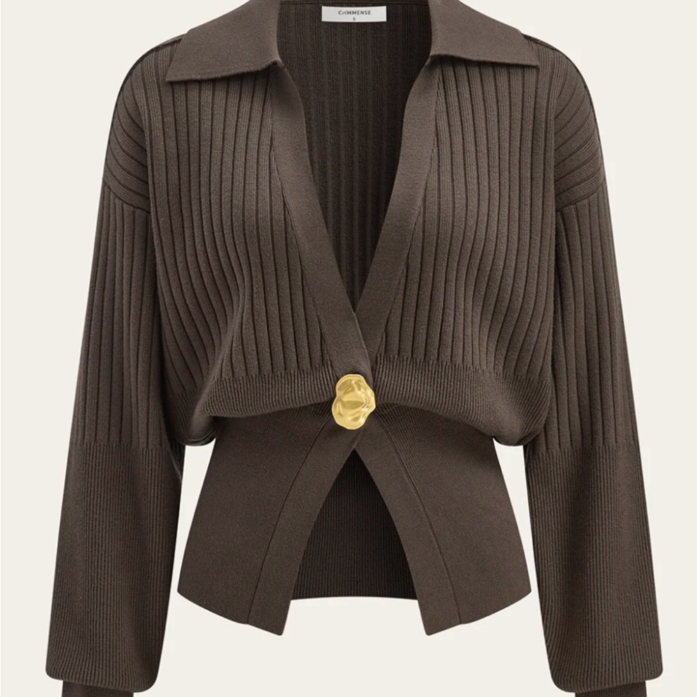 Commense Ribbed Collared Metal Button Cardigan